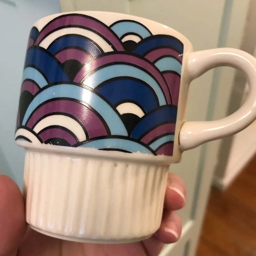 Vintage Coffee Cups Mid Century Modern Rainbow Arch Blue Purple White Set of 2